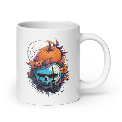 Blue skull horror, Halloween pumpkin and flowers, Fantasy mystical holiday, Magic wild party - White glossy mug