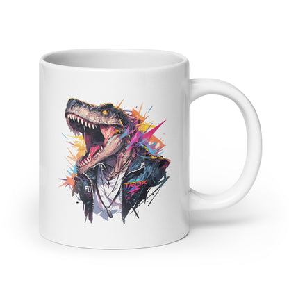 Dino and sharp teeth of hard rock, Dinosaur in leather jacket, Most music reptile in jungle, Dragon solo roar - White glossy mug