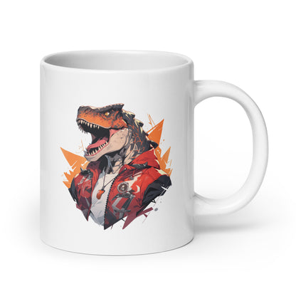 Confident grip and strong jaw, Dinosaur sports trainer in red jacket, Most stylish reptile in the urban jungle, Dino roar - White glossy mug