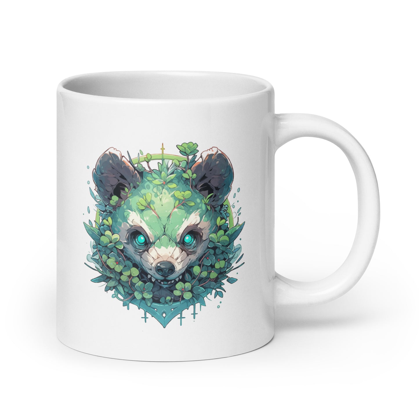 Angry panda mutant, Bamboo bear in jungle, Black and white bear, Leaves and blue eyes animal wild - White glossy mug