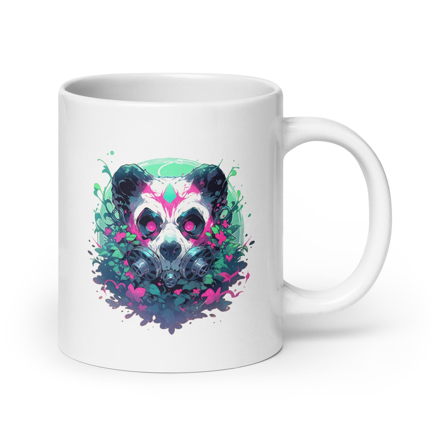 Cool toxic panda, Post-apocalyptic jungle, Wild animal with pink eyes, Bamboo bear in gas mask, Black and white bear - White glossy mug