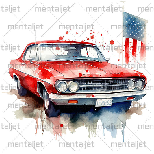 American classic car PNG, Watercolor illustration, Red car, Patriotic designs, USA flag