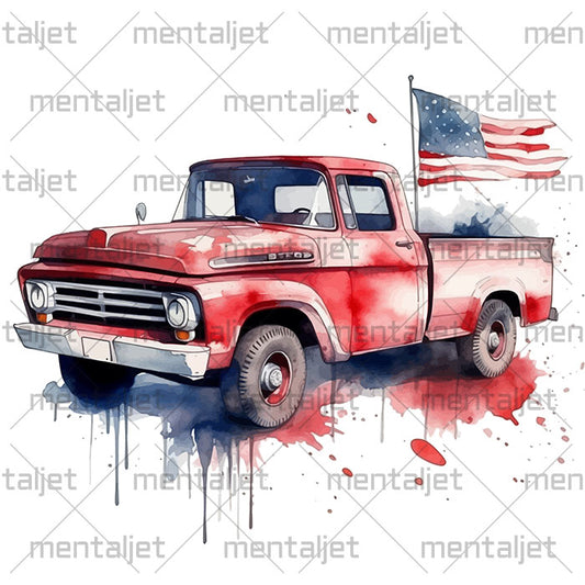 American pickup truck PNG, Red car, Watercolor illustration, American flag, Car digital, Patriotic PNG designs, Sublimation designs downloads
