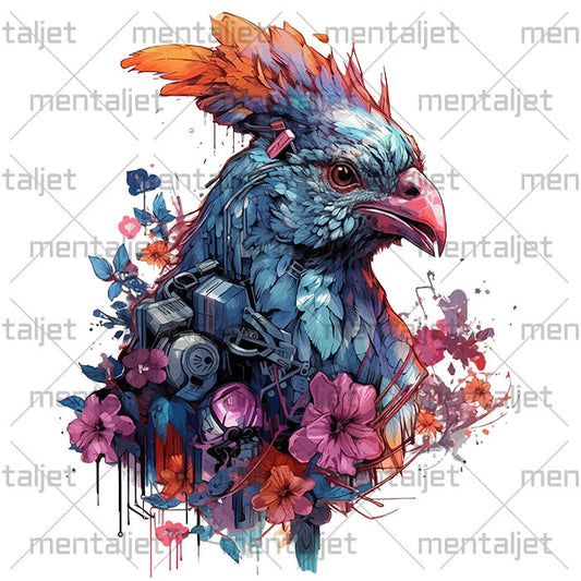 Cyber bird, Animals and cyberpunk, Fantastic art bird portrait, PNG for printing, Fantasy bird illustration