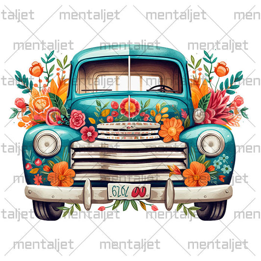 Folk art illustrations, Pickup truck in PNG, Car in flowers, Sublimation files downloads, Country art