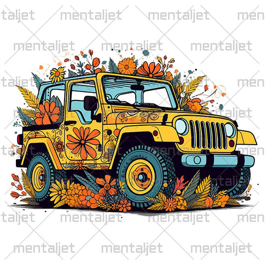4x4 car printable art, SUV in flowers, Folk art illustrations, Automotive decor, Gift for car lovers