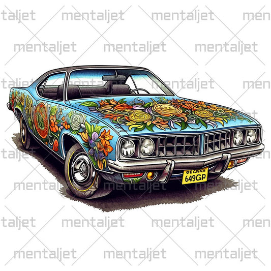 Folk art, Muscle car illustration, Classic car printable in PNG, Flowers on car, Gift for country lovers