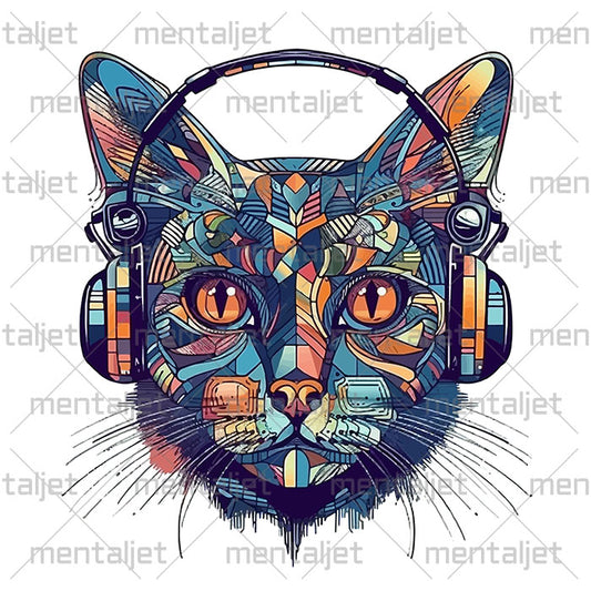 Cat illustration in headphones, Cubism style, Music and animals, Fantastic portrait of cat, PNG printable