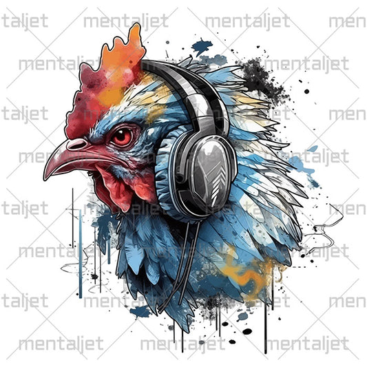 Chicken in headphones illustration, Portrait animal PNG, Digital art, Sublimation designs, Design downloads