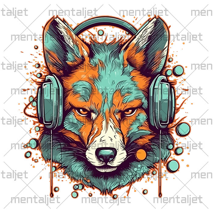 Coyote in headphones art, Portrait animal, printable PNG, Coyote illustration