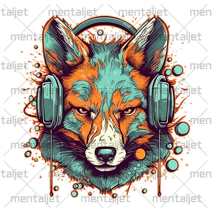 Coyote in headphones art, Portrait animal, printable PNG, Coyote illustration