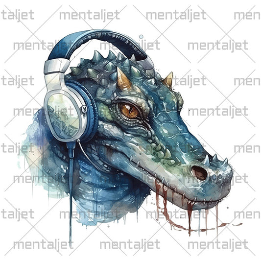 Crocodile with headphones, Watercolor illustration, Art portrait of reptile, PNG printable, Animals and hard rock