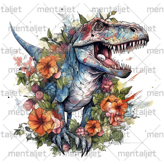 Dinosaur watercolor illustration in flowers, Reptile portrait, PNG printable, Dino wall art