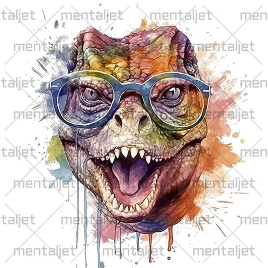 Dinosaur in glasses, Portrait of reptile, PNG for printing, Cheerful dino, Watercolor illustration