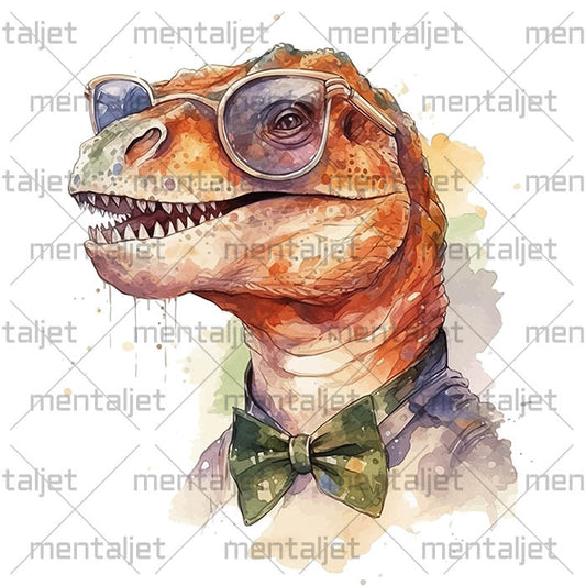 Reptile portrait, Dinosaur with glasses, PNG for printing, Smart and polite dino, Lovely illustration