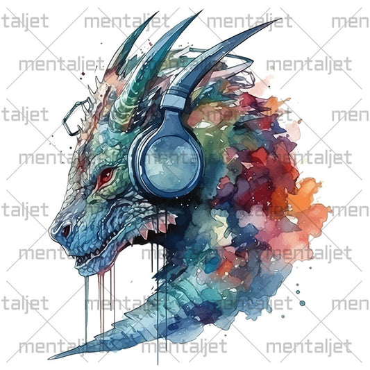 Dragon in headphones illustration, Music and fantastic, Fantasy portrait, PNG printable
