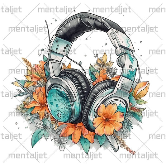 Flowers and headphones illustration, Flowers art composition, Walk with music, PNG sublimation designs, Watercolor illustration