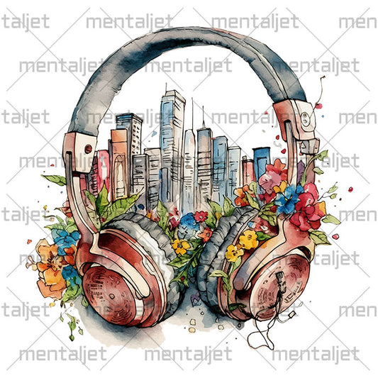Headphones and city art, Walk with music, Watercolor illustration, Flowers composition PNG, Sublimation designs