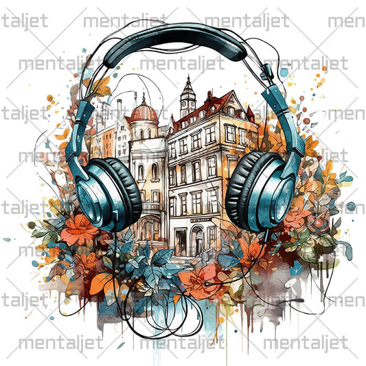 City and headphones watercolor illustration, Walk with music, Urban travel, Flowers composition in PNG, Sublimation designs