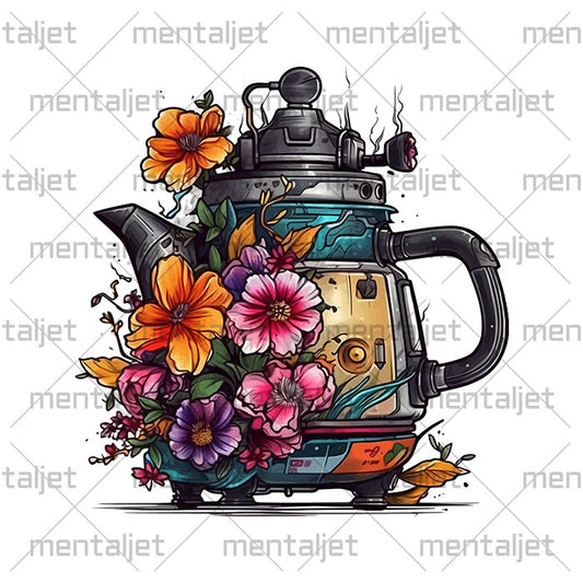 Kettle and flowers illustration, Flowers composition, Tea and coffee drinks, Hi-tech and cyberpunk design, Food art in PNG