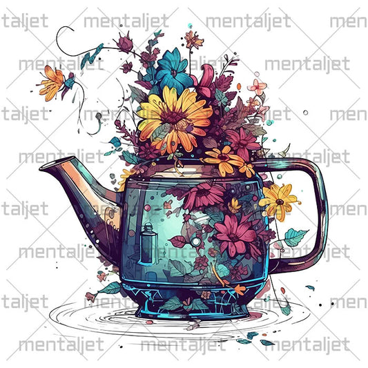 Flowers and kettle composition, Flowers illustration, Tea and coffee drinks, Food art in PNG sublimation design