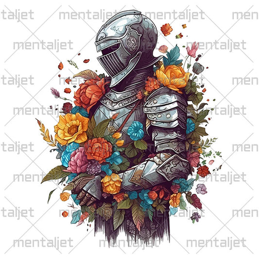 Knight in flowers, Warrior in armor art, Fantasy illustration, Knight in the shell, PNG printable