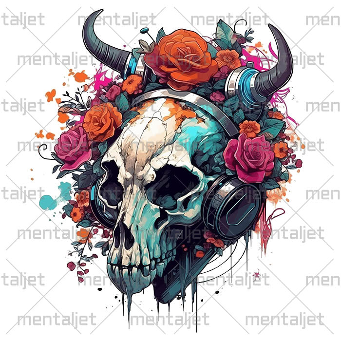 Monster skull in headphones and flowers art, Portrait, PNG printable, Mutant skull for wall and t-shirt art, Flowers illustration