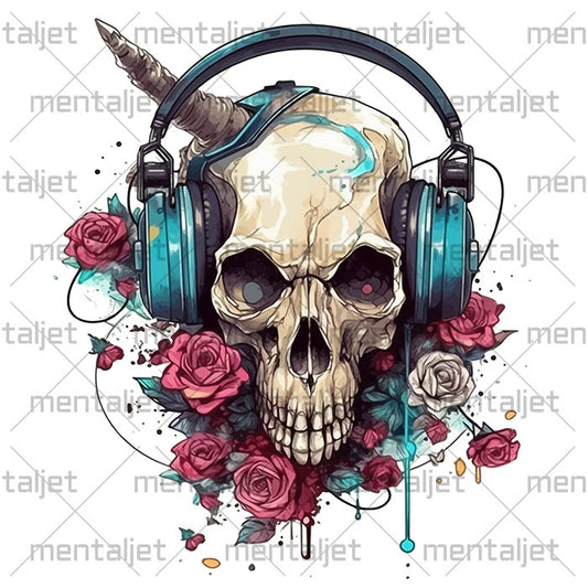 Fantastic art, Flowers illustration, Portrait monster, Skull in headphones and flowers art, Mutant skull