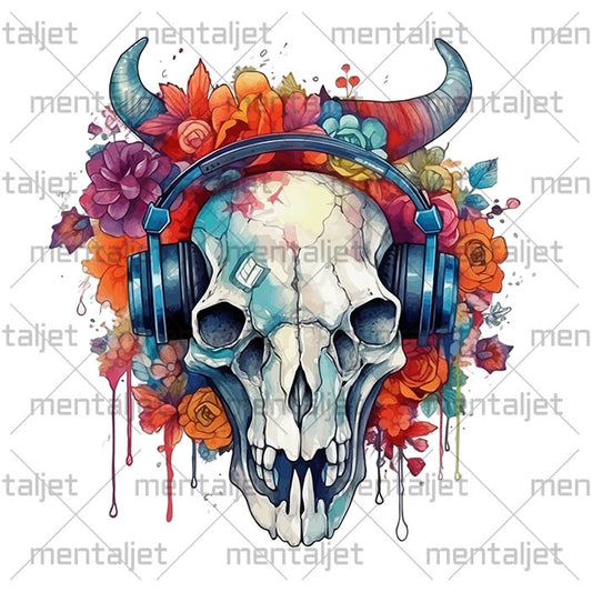 Flowers illustration and fantastic skull in headphones, Monster skull portrait, Mutant skull in PNG for cup