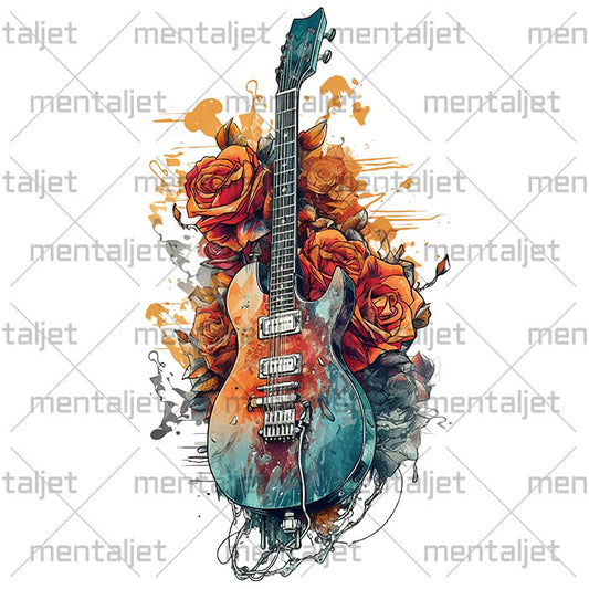 Guitar in flowers illustration, Flowers art composition, Musical instrument, Hard rock, PNG sublimation designs