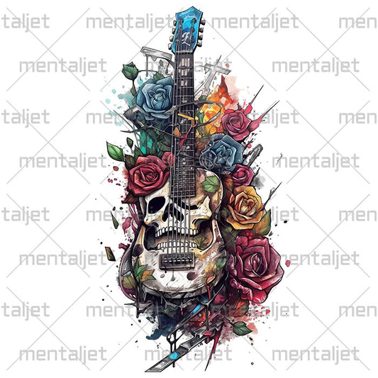 Hard rock, Musical instruments, Skull and flower art composition, Guitar illustration in flowers, PNG sublimation designs