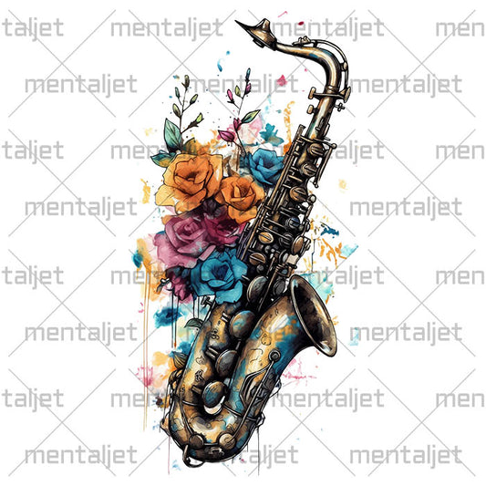 Jazz and blues music, Saxophone and flower art composition, Musical instruments, Saxophone illustration in flowers, PNG sublimation designs
