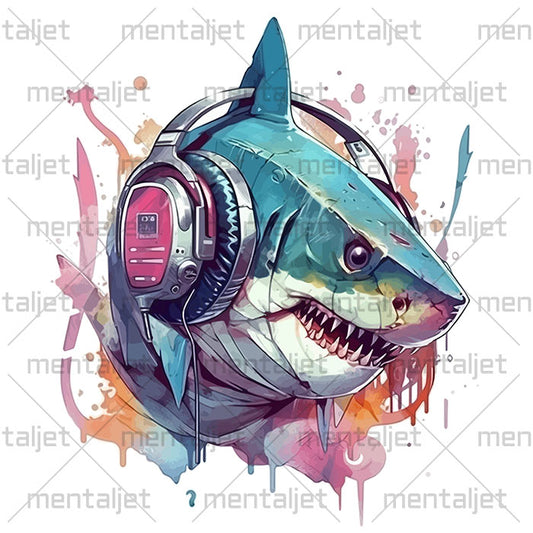 Shark in headphones Art, Sea animals PNG printable, Sublimation designs, Art portrait, Designs downloads