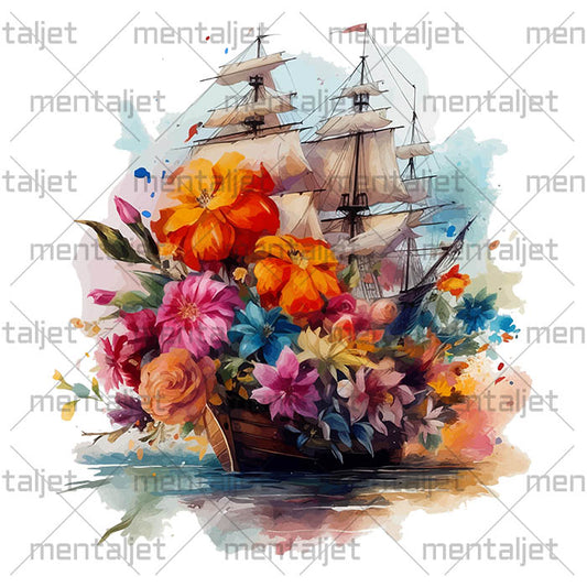 Frigate and flowers, Ship with sails flowers art composition, Sailboat illustration, PNG sublimation designs