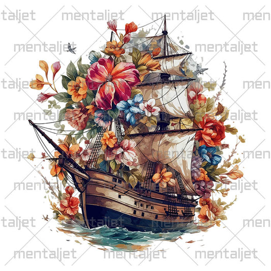 Sailboat illustration in sea, Ship with sails art composition, Frigate and flowers, Download file in PNG