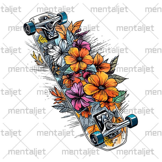 Skateboard and flowers illustration, Skate art composition, Skateboarding, PNG sublimation designs