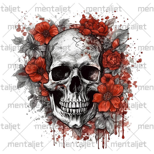 Skull and flowers art, Red flowers illustration, Portrait, PNG printable, Skull art for wall and t-shirt