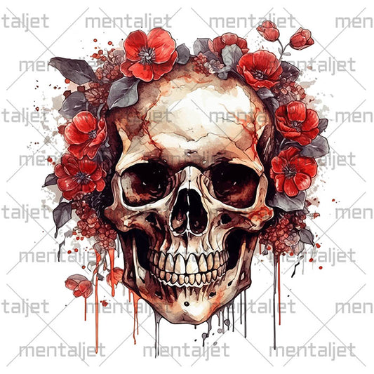 Red flowers illustration, Skull portrait, Skull art for cup and t-shirt, PNG printable