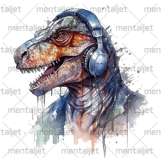 T. Rex watercolor illustration in headphones, Music and animals, Art portrait of reptile, PNG printable, Dino wall art, Animals printable