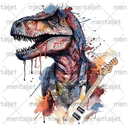 Dinosaur with guitar, Watercolor illustration, Art portrait of reptile, PNG for printing, Dino and hard rock, Reptilian music