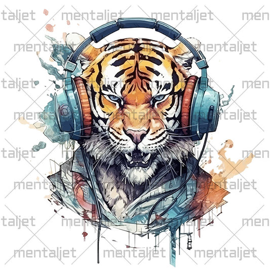 Tiger in headphones art, Portrait animal, printable PNG, Tiger illustration, Digital art download