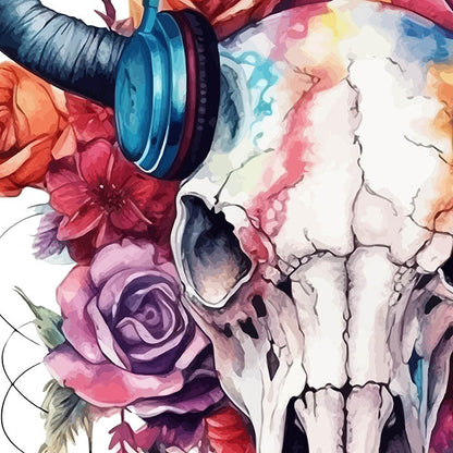 Bull skull in headphones and flowers art, Portrait, PNG printable, Bull skull wall art, Flowers illustration