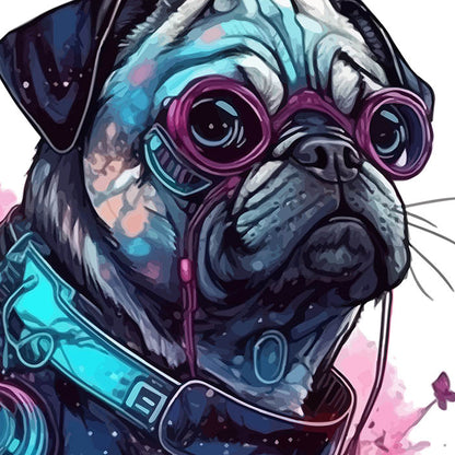 Pug illustration, Cyber pug, Animals and cyberpunk, Fantasy art portrait of dog, PNG printable, Fantastic animals printable