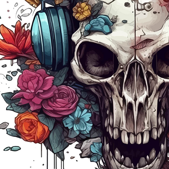 Portrait monster skull, Fantastic skull in headphones and flowers art, Flowers illustration, Mutant skull for cup and t-shirt art
