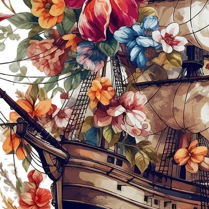 Sailboat illustration in sea, Ship with sails art composition, Frigate and flowers, Download file in PNG