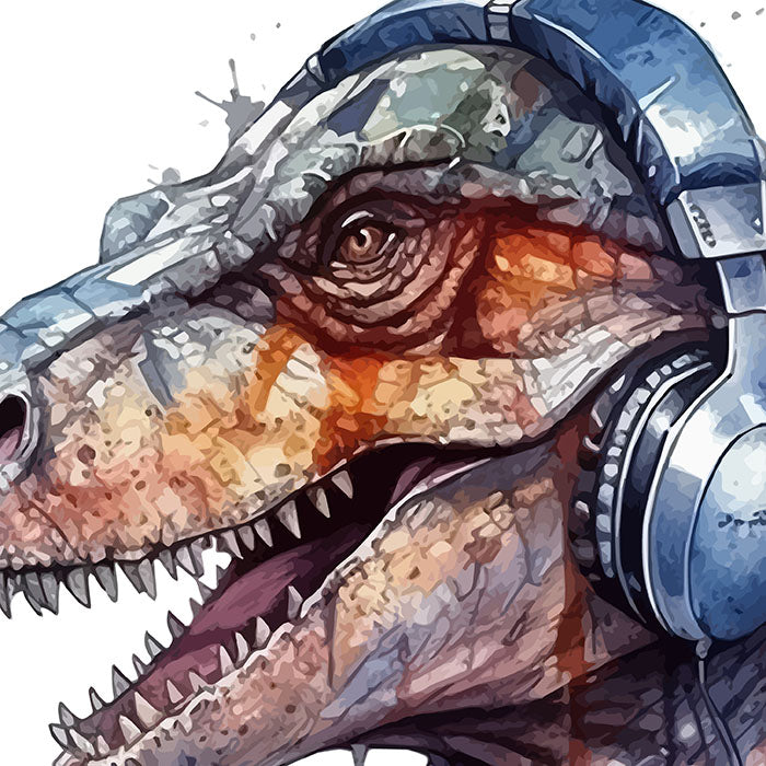 T. Rex watercolor illustration in headphones, Music and animals, Art portrait of reptile, PNG printable, Dino wall art, Animals printable